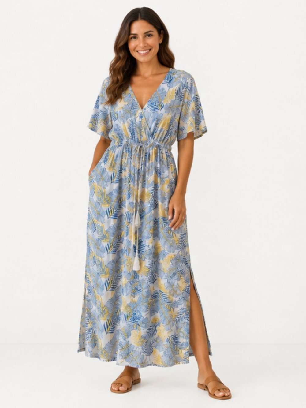 Spiaggia Dolce Tropical Leaf Maxi Dress XL Blue Yellow Rayon Side Slit Cover Up